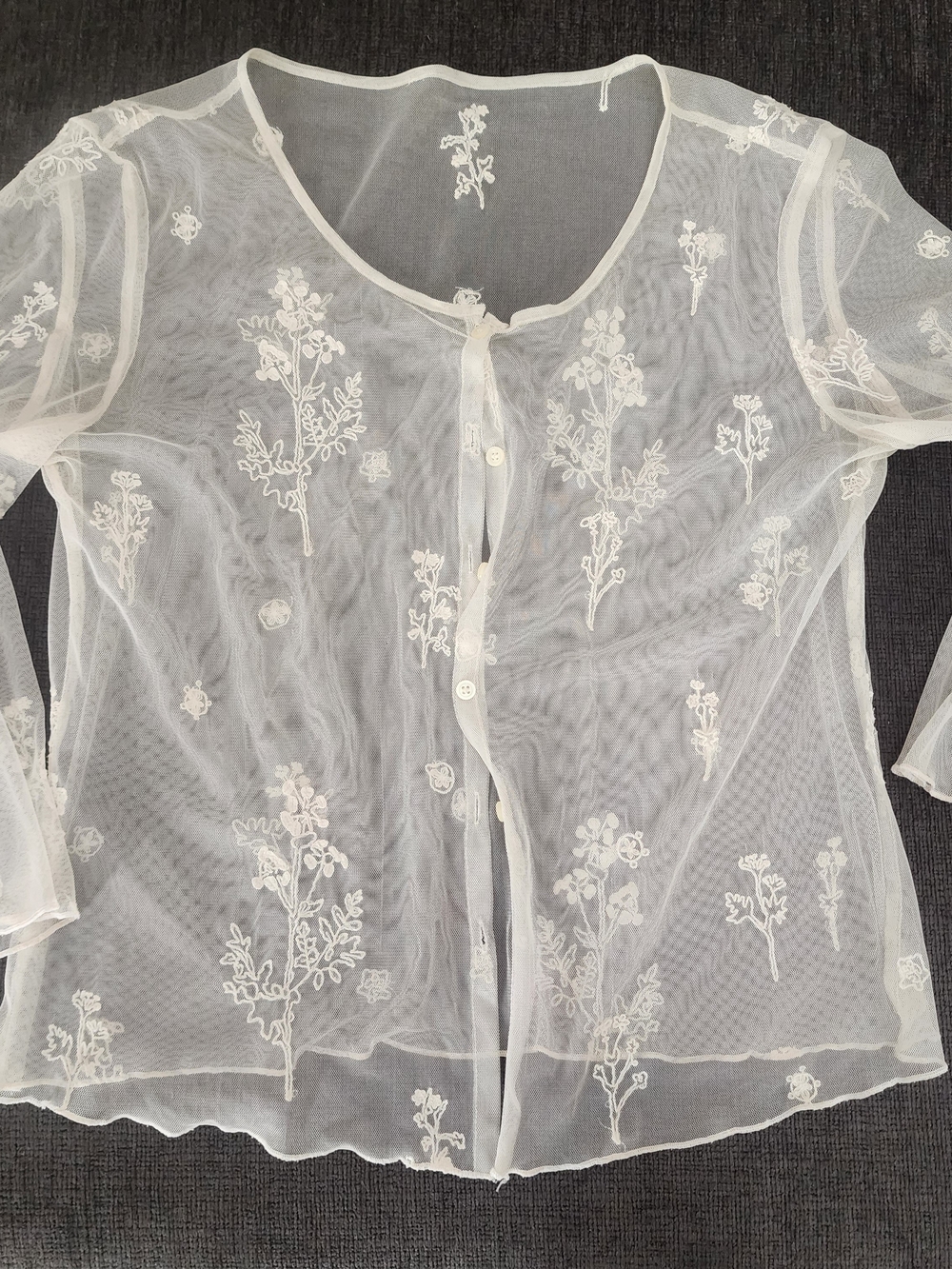 White Sheer Floral Embroidered Button-Front Women's Fairycore Cottage Top, Fit M